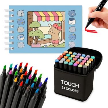 Imagem de Kit Livro De Colorir Stitch Capa Dura + Canetinhas Coloridas Touch Marca Texto De 24 a 80 Cores e Tamanhos, Ponta Dupla (0,1mm e 6,0mm) – ideal para traços finos e áreas grandes (Livro + 24 Canetas)