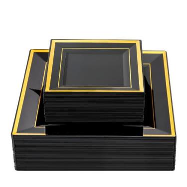 Imagem de Pratos de plástico Liacere preto e dourado 100 unidades para 50 pessoa