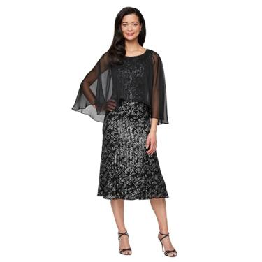 Imagem de S.L. Fashions Vestido feminino com sobreposição de chiffon estampado na altura do chá, Preto/prata, 44