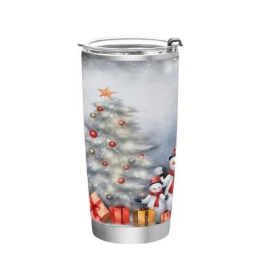 Imagem de Wassud Árvore de Natal com boneco de neve (2) copo com tampa e canudo aço inoxidável parede dupla copo isolado copo de viagem caneca de café para bebidas frias e quentes 590 ml
