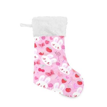 Imagem de Wassud Meia de Natal fofa com coelho de punho branco com morango 45,7 cm grande para decoração de lareira de lareira 1 pacote