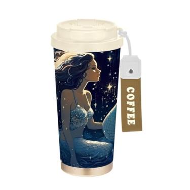 Imagem de Wassud Linda caneca de café de viagem isolada sereia copo à prova de vazamento com tampa e canudo garrafa de água de aço inoxidável para café quente/gelo, chá e cerveja