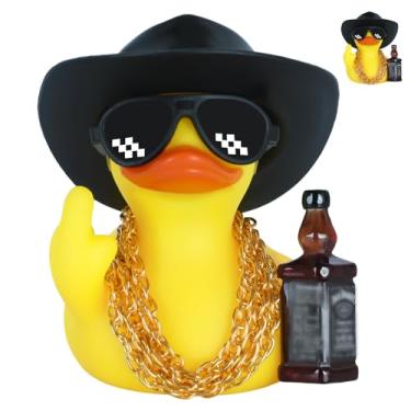 Imagem de FINEED Acessórios divertidos para carro de pato de borracha legal – Pato estilo bem-humorado com mini chapéu de vaca, óculos de sol, colar de ouro, garrafa de bebida e almofadas adesivas para