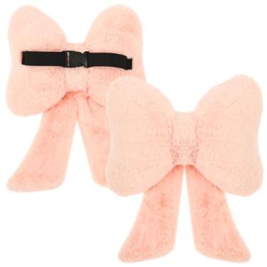 Imagem de DJAPWPX 2 almofadas de carro com laço para suporte de pescoço, travesseiro curto de pelúcia para pescoço de carro com alça elástica e fivela, travesseiro rosa para encosto de cabeça de carro para