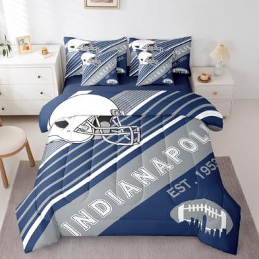 Imagem de Erosebridal Jogo de cama King esportivo 3D, temática de cidade do futebol americano (edredom + lençol de cima + 2 fronhas + 2 fronhas + 2 fronhas), conjunto de cama com 7 peças, Indianápolis