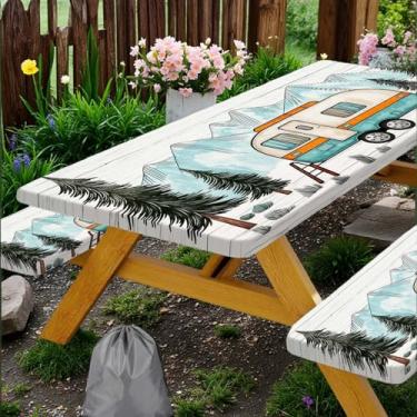 Imagem de Happy Campers Capa de mesa de piquenique com capas de banco, toalha de mesa de acampamento para trailer, capa de mesa de piquenique, floresta de pinheiros, madeira para mesas retangulares, decoração