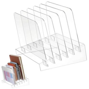 Imagem de peacoblue Organizador de arquivos de mesa de acrílico, classificador de arquivos vertical transparente com 5 seções, classificador de correio e suporte de pasta para documentos, fichários, cadernos