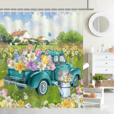 Imagem de Mocsicka Cortina de chuveiro Spring Truck Spring Rustic Truck Aquarela Floral Casa de Banho Cortina de Chuveiro Tecido Impermeável Casa de Fazenda Cortina de Chuveiro Decoração de Banheira com 12