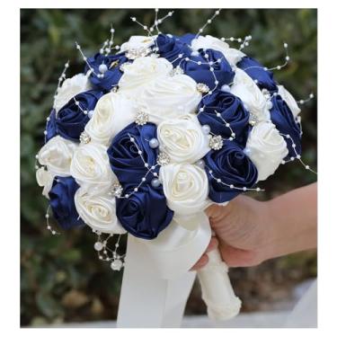 Imagem de Mhojpik Buquê de casamento para noivas, broche, redondo, brilhante, ramo de flores de rosas artificiais para noiva, dama de honra, casamento, quinze anos (azul-marinho e marfim, 22 cm)