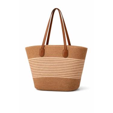 Imagem de Bolsa Tote de Palha com Listras Alças de Couro Sintético Marrom Estilo Praia Verão