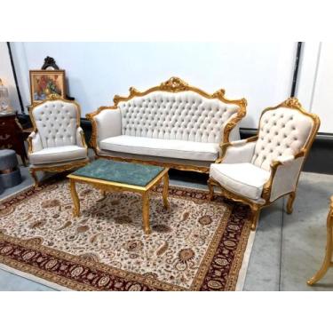 Imagem de Jogo de Sofa Classico Luiz XV Madeira Dourado Capitonê Luxo - luxdecor