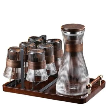 Imagem de Conjunto de Jarra 1.800 mls e 6 Copos de Vidro 340mls com Suporte, Design Elegante, Acabamento em imitação de Madeira, para Bebidas frias
