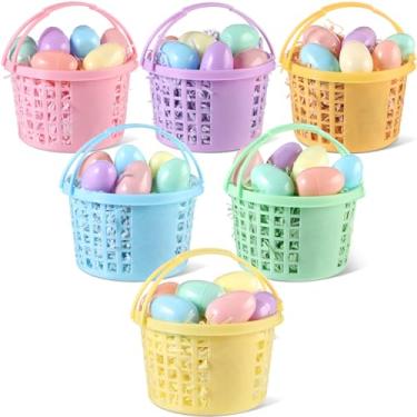 Imagem de Jetec Conjunto de 48 cestas de ovos de Páscoa, 6 cestas de plástico com alça, 36 ovos coloridos preenchíveis surpresa, 6 lenços de papel ráfia para festas temáticas de primavera (macarons)