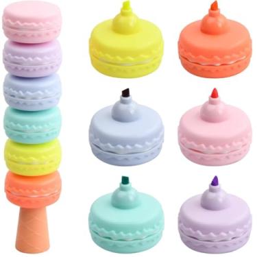 Imagem de Conjunto de Marcadores Caneta Marca Texto Em Tons Pasteis em Formato Macaron Colorido 6 Cores Suaves Design Decorativo kawaii diferente para Material Escolar e Escritório Papelaria Fofa