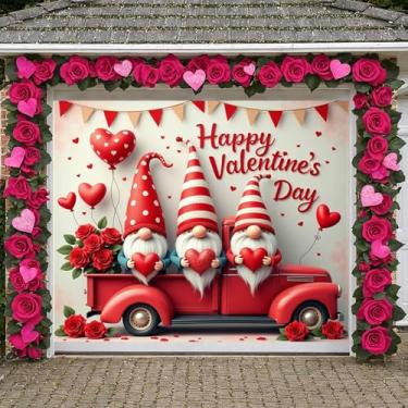 Imagem de Wauprant Happy Valentine Capa para porta de garagem, 20 x 1,8 m, romântico, gnomos vermelhos, formato de coração, cenário de garagem dos namorados, decoração de parede de garagem, para quintal
