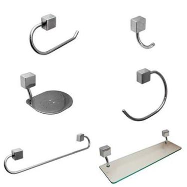 Imagem de Kit Decoração Para Banheiro 6 Peças Class Quadrado Cromado Porta-Shamp