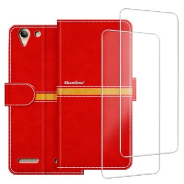 Imagem de ESACMOT Capa de celular compatível com Lenovo Vibe K5 + [pacote com 2] película protetora de tela, capa protetora magnética de couro premium para Lenovo Vibe K5 Plus (5 polegadas) vermelha