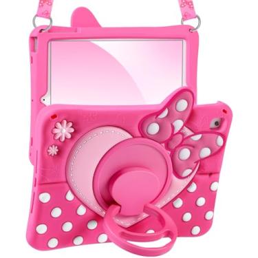 Imagem de Boaretiu Capa infantil para iPad 5ª/6ª geração/Air1/Air2/Pro 9,7 polegadas - linda capa de silicone com laço 3D de coração macio com alça e suporte giratório para tablet para meninas e adolescentes