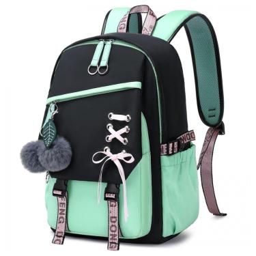 Imagem de Mochila FENGDONG verde para adolescentes, estilo kawaii com laço e pompom, para notebook até 15,6"