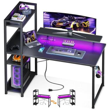 Imagem de Mesa Gamer Reversível ODK 100 cm Fibra de Carbono Preto com Luzes LED, Prateleiras Ajustáveis e Suporte para Monitor, Compacta para Pequenos