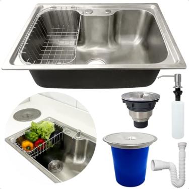 Imagem de Dona D Cor, Kit Cozinha Cuba Gourmet Inox 60x42 Com Lixeira De Embutir 5 Litros Porta Detergente 500ml Valvula E Sifão Flexivel Universal Kit Pia 5 Peças
