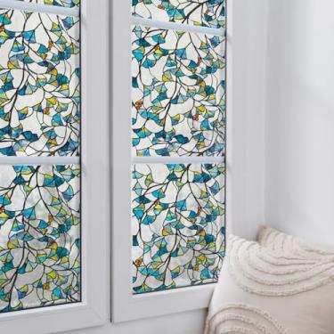 Imagem de ChicSkin Película original para vitrais desenhados à mão, película estática de vidro texturizado de privacidade para banheiro, janela de sacada de cozinha, porta frontal de vidro, gingko azul e