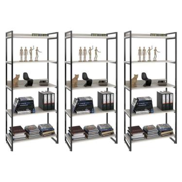 Imagem de Kit 3 Estantes Livreiro Multiuso Prisma Estilo Industrial 80cm 5 Prateleiras C08 Snow