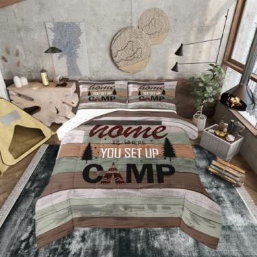 Imagem de Erosebridal Jogo de cama de trailer rústico para crianças, acampamento, Happy Camping, para meninos e meninas, adultos, estilo camuflado, rústico, edredom de plumas de pinheiro, cinza e marrom