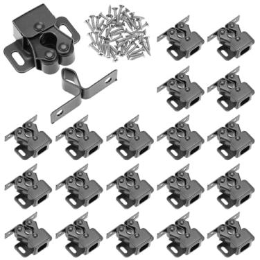 Imagem de QWORK Trava e trava de porta de armário, 20 peças de travas de porta de armário de cobre antigo com lança de trava, travas de armário de trava de rolo duplo de ferragens, trava de rolo de armário