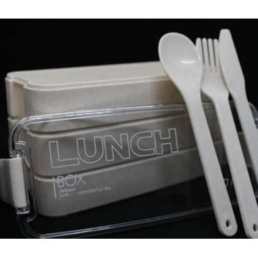 Imagem de Pote Marmita/Lancheira Japonesa com 3 Compartimentos e Talheres 900ml (Bege)