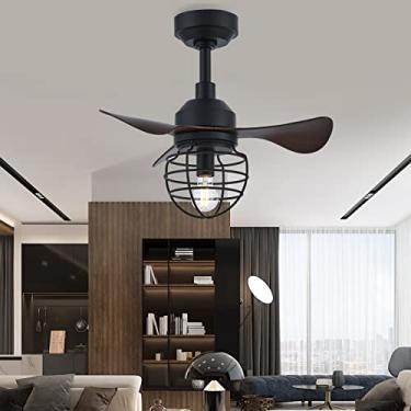 Imagem de Ventilador de teto industrial retro de 56 CM pequena fazenda embutida com luz com controle remoto Ventiladores de teto preto de 6 velocidades com lâmpadas para sala de estar Quarto Cozinha S