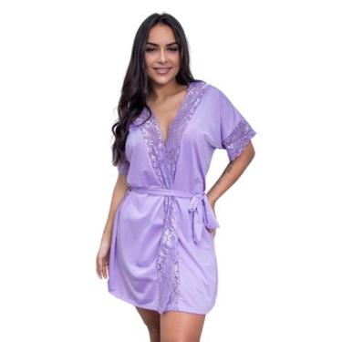 Imagem de Robe de Luxo Microfibra Renda Hobby Roupão Dormir com Cinto Lingerie S
