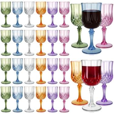 Imagem de WRINGKIT 24 taças de vinho vintage de plástico, taças de água coloridas de 200 ml para festa de casamento, copos inquebráveis com haste, copos de vinho reutilizáveis para cerveja, coquetel, uísque, 6