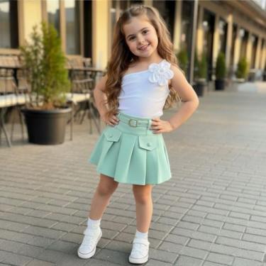 Imagem de Short Saia Infantil Plissado Vermelho Cinto + Blusa Branca Ombro Único