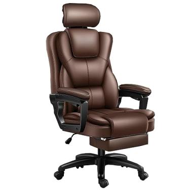 Imagem de Cadeira de escritório de mesa, cadeira grande de encosto alto, cadeira de computador de couro PU com descanso para os pés, cadeira de escritório executivo gerencial com encosto de cabeça ajustável