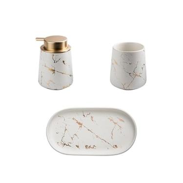 Imagem de Conjunto de acessórios de banheiro com 3 peças inclui: dispensador de sabonete de loção, copos de enxaguante bucal e xampu de bandeja (branco)