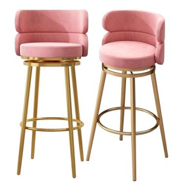 Imagem de Conjunto de 2 bancos de bar estofados, cadeiras giratórias para café da manhã com 65 cm de altura, bancos de cozinha com encosto alto, apoio para os pés de metal preto, rosa