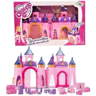 Imagem de BRINQUEDO CASTELO ENCANTADO COM ACESSORIOS LUZ QUE MUDA DE COR E MUSICA INFANTIL CASINHA DE BONECAS 34 CM CASA DE PRINCESAS COM SOM MENINAS MUSICAL 15 PÇS