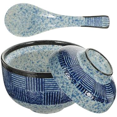 Imagem de Kichvoe Conjunto de tigelas de sopa japonesas - 1 conjunto de tigelas de sopa de missô de cerâmica com tampa e colher para macarrão arroz ramen, ideal para jantares em família e ocasiões especiais