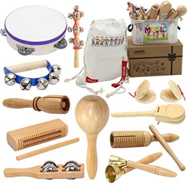 Imagem de CRAFTEEM Instrumentos musicais, conjunto de percussão de madeira ecológica natural, presente com caixa de armazenamento e mochila com cordão, melhorando a criatividade e coordenação para crianças pequenas, crianças