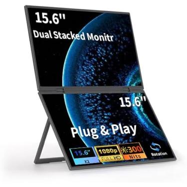Imagem de sibolan Monitor duplo portátil, 39.6 cm 1080p FHD IPS dobrável empilhado triplo extensor de tela de laptop, USB-C Plug & Play para viagem, tela estendida para laptop, PC, Windows, Mac/suporte