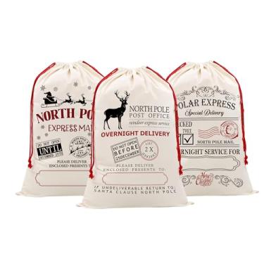 Imagem de DOI-LANEE 3 peças, saco de Natal, saco de Papai Noel, com cordão, 69,8 cm x 49,8 cm, grande de serapilheira, saco de lona de Natal, bolsa de presente para presente