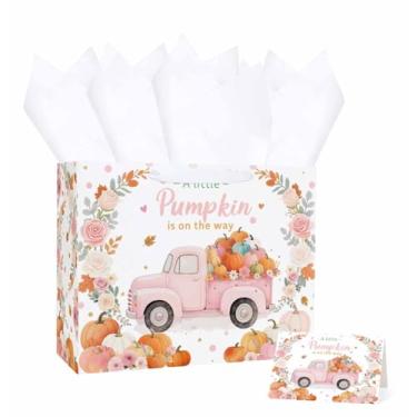 Imagem de MUNILAIL Bolsa de presente de abóbora rosa de 33 cm com alça de papel de seda e cartão de felicitações grande A Little Pumpkin Is On The Way Bolsa de presente para decoração de chá de bebê de outono e