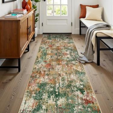 Imagem de RELEANY Tapetes laváveis de 6 x 20 cm, antiderrapante, moderno, abstrato, macio para sala de estar, entrada, quarto, berçário, estampa impressa, verde, laranja, ferrugem, vermelho, creme, colorido