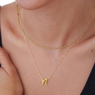 Imagem de Colar com pingente de inicial personalizado com iniciais a-z, corrente de camada dupla, comprimento ajustável de 36 + 40 + 5 cm, minimalista para mulheres, 14+2in/16+2in, Aço inoxidável, Sem Pedra