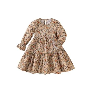 Imagem de Verdusa Toddler Girl's Boho Floral Tiered Fall Dresses Vacation Puff Sleeve Ruffle Smock Dress Khaki 7Y