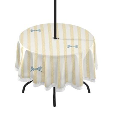 Imagem de Qilmy Toalha de mesa redonda impermeável Bow de 152 cm com orifício para guarda-chuva e zíper – uso externo / interno resistente para pátio, churrascos, piqueniques, festas (serve para mesas
