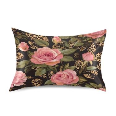 Imagem de JUZIHAI Fronha de almofada de cetim rosa leopardo para cabelo e pele, macia, respirável, com fecho de envelope, capa de almofada suave e refrescante, tamanho padrão 50 x 66 cm