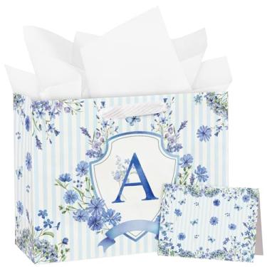 Imagem de WRAPAHOLIC Saco grande de presente de aniversário do alfabeto de 33 cm com cartão e papel de seda - Sacos de papel com emblema floral com listras azuis e letras A para meninas, aniversário, chá de