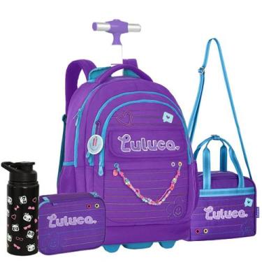Imagem de Kit Mochila Rodinha Luluca Juvenil + Lancheira + Estojo Clio, Roxo